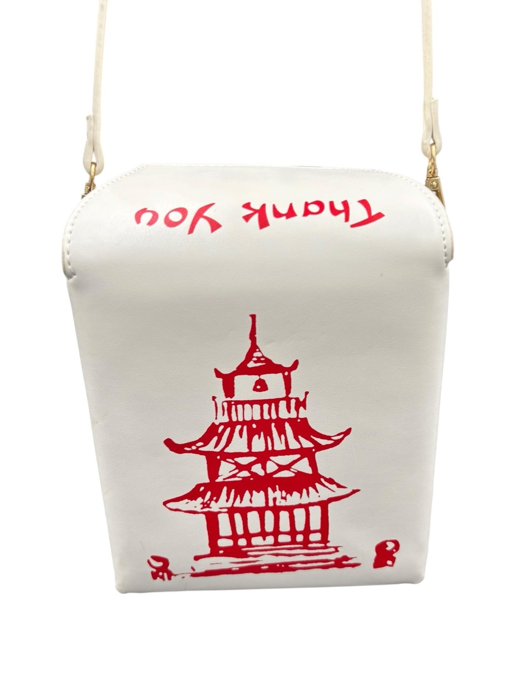Thank You Takeout Box Novelty Crossbody Bag – White & Red Pagoda